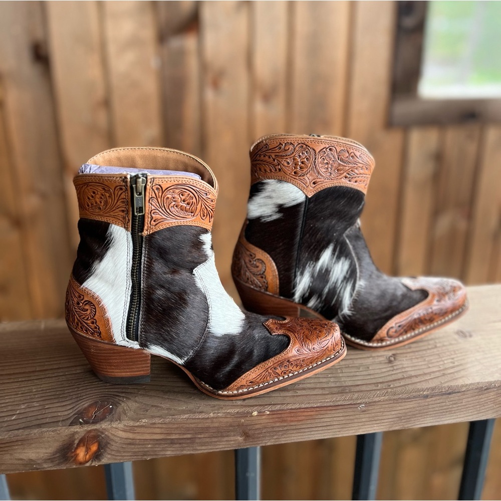 💯Hand Tooled Leather Genuine Cowhide Women Bootie Boot Boho Western Shoe ankle - Picture 4 of 16